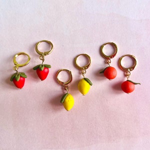 Fruit Charm Huggies | Fruit Earrings, Summer Accessories, Handmade Clay Jewelry, Citrus Earrings, Berry Earrings, Minimalist Gold Hoops