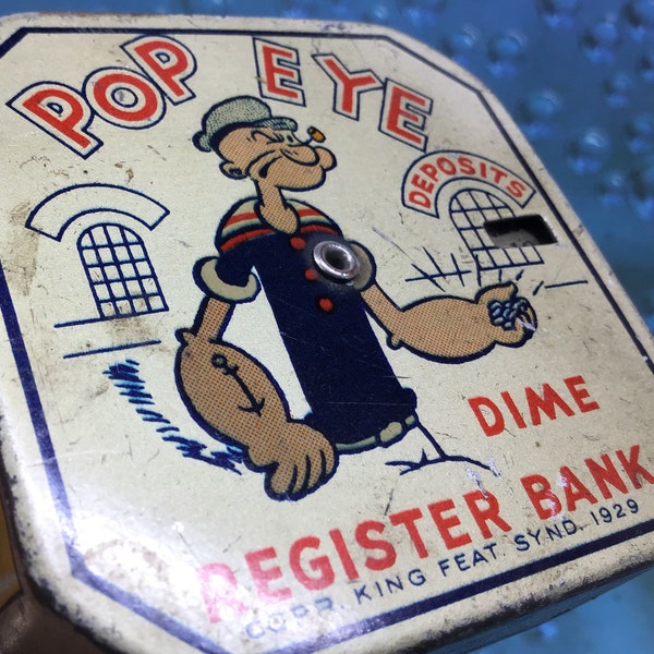 1929 Popeye Dime Register Bank / Tin Dime Bank / Vintage Bank / Vintage Popeye bank / Tin Bank / Antique Banks / Popeye / Olive Oyl / Vintage Metal Banks