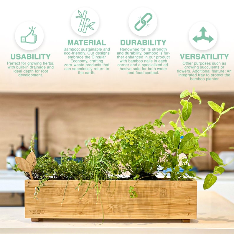 May include: A rectangular bamboo planter box filled with various green herbs. The planter has a natural wood finish and is labeled "FLEUR DU BIEN". The image highlights the planter's usability, material, durability, and versatility.