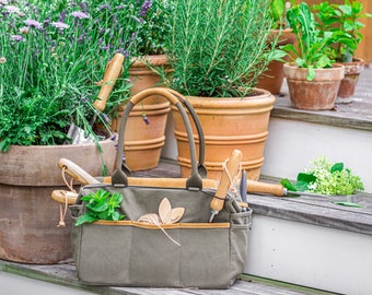 Outils en acier inoxydable FLEUR DU BIEN 7 pièces, ensemble d’outils de jardin et sac, poignées en bois, ensemble d’outils de jardinage robustes avec sac fourre-tout de rangement