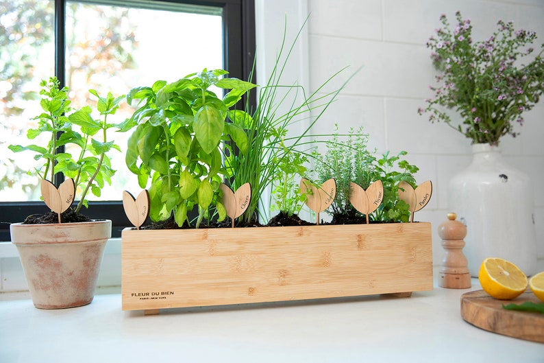 May include: A rectangular bamboo planter box filled with various herbs, including mint, basil, and chives. Wooden plant markers label each herb. The planter sits on a white surface near a window. The text "FLEUR DU BIEN PARIS NEW YORK" is visible on the planter.