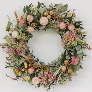 Decorative Spring Wreaths for Front Door 16 In. Dried Flower Summer Wreath Hydrangea Eucalyptus Leaves Floral Wreath for Home Wall Wedding