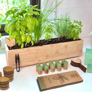 FLEUR DU BIEN Indoor Herb Garden Kit + Planter, 10 Herb Seed Packs, Window Gardening Set Plant Marker, Biodegradable Growing Pots, Soil Disc