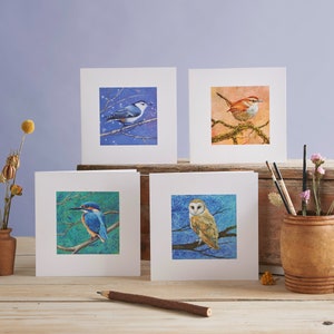 May include: Four square art prints with bird illustrations. The prints depict a blue and white bird, a brown bird, a blue and orange bird, and a white and brown owl, all perched on branches. The prints are on white cardstock, ideal for nature lovers.