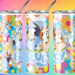 Bluey & Bingo 20oz Tumbler Wrap PNG | Floral Kids Sublimation Design | Digital Download for Skinny Tumblers| Bluey and Bingo PNG Wrap