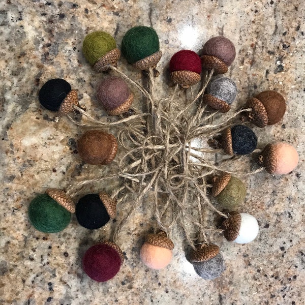 Felted Acorn ornaments, handmade set of 12, polished cap acorn ornaments