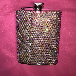 Rhinestone flask 8oz stainless steel. Crystal AB glass rhinestones / handmade