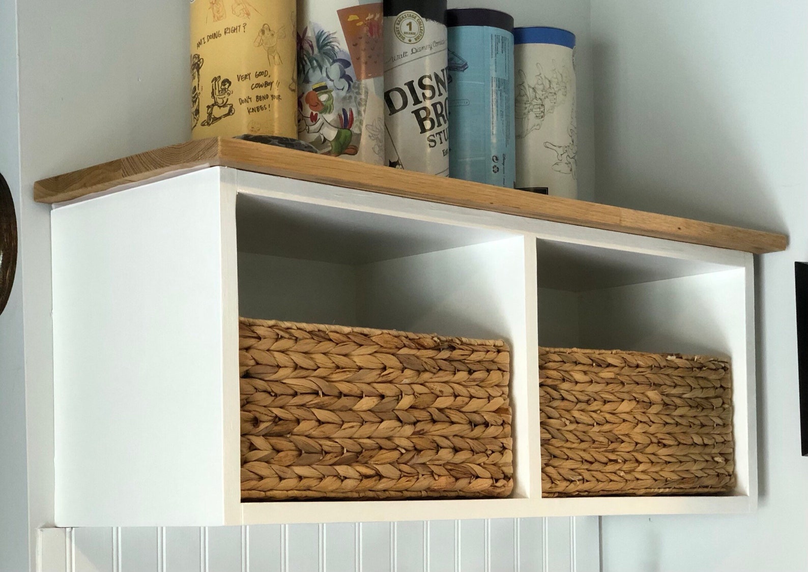 Wall mounted storage cubbies with solid oak top. Etsy
