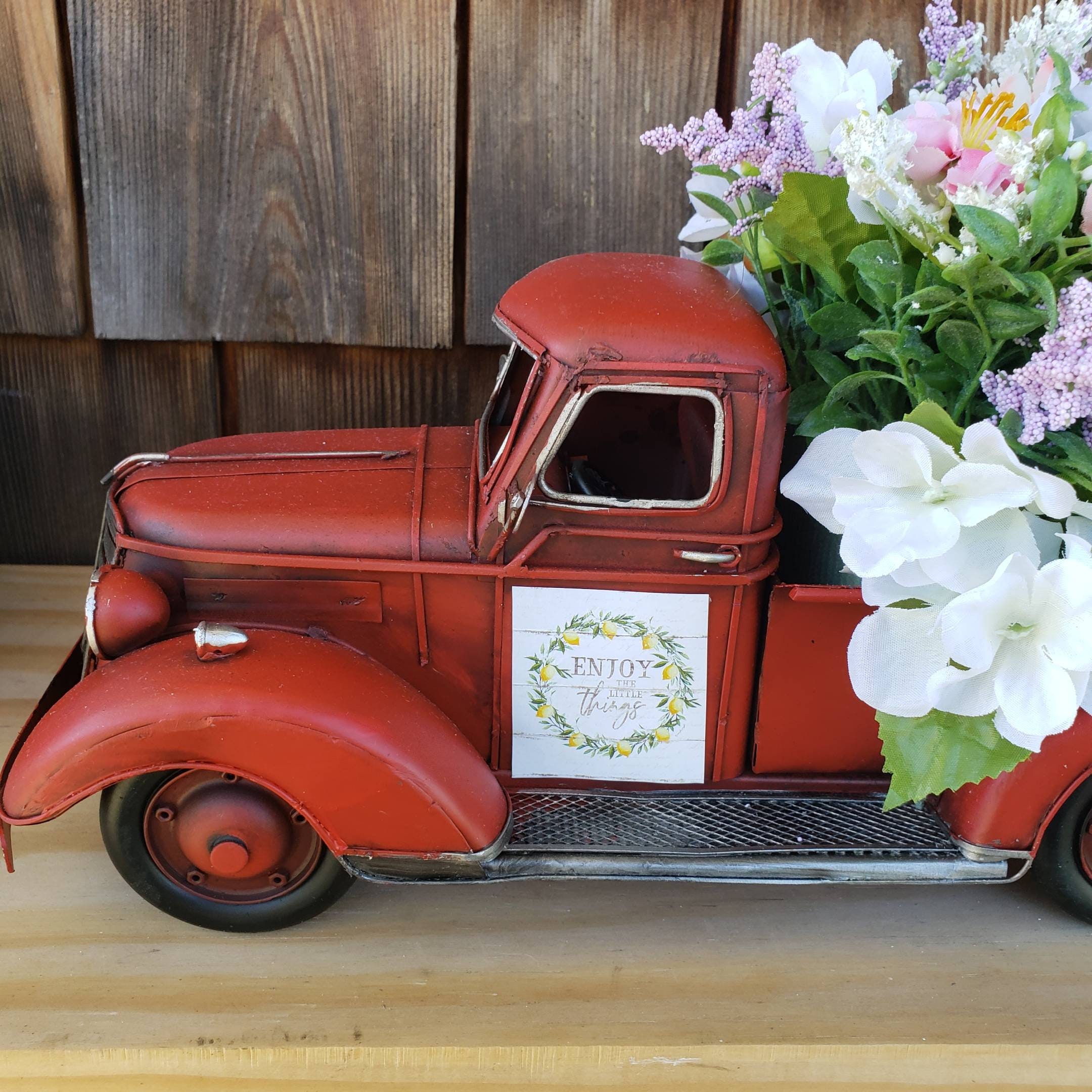 Red truck full of flowers. Farmhouse. Etsy