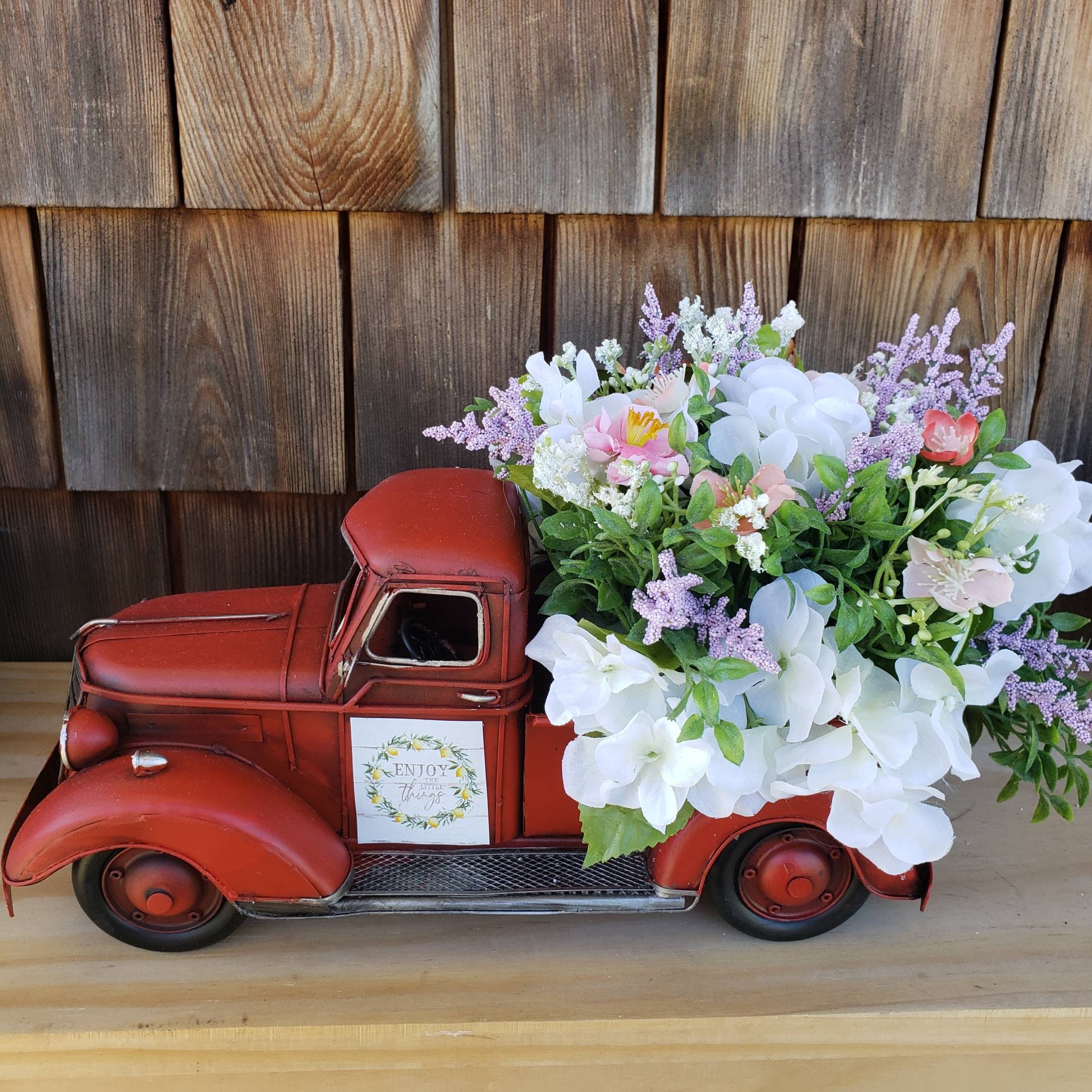 Red Truck Full of Flowers. Farmhouse. Etsy