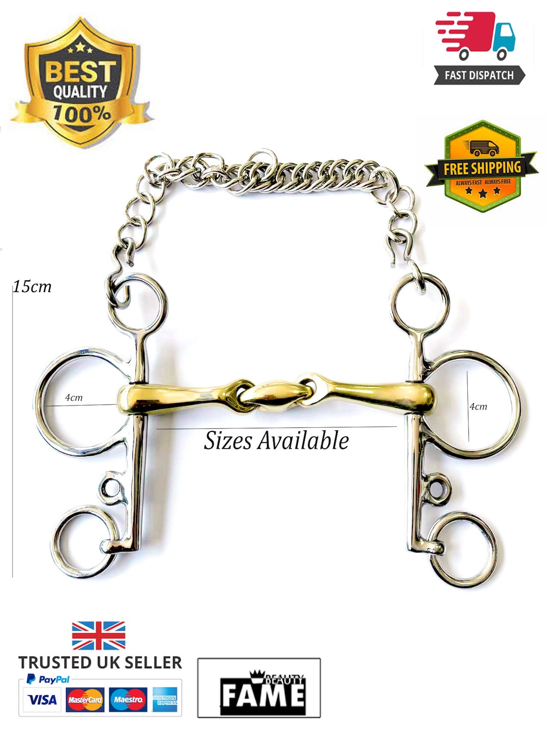 Shire Brass Pelham Horse Snaffle Bit Stainless Steel Chain Etsy