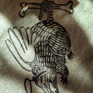 May include: A black and white graphic print of a rat with a bone tied around its neck. The rat is holding a key in its paw and is looking to the right. The graphic is on a light green fabric.