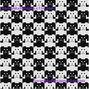 May include: Black and white pixel art pattern featuring a repeating design of stylized dogs. The pattern is a checkerboard design with alternating black and white squares. The text "SourushkaDesigns.etsy.com" appears at the top and bottom of the image.