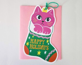 Christmas Cat Card Ornament | Happy Holidays Greeting Card