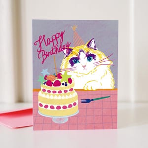 Carte d'anniversaire drôle de chat | Carte d'anniversaire pour amoureux des chats | Gâteau d'anniversaire | Anniversaire d'un parent de chat | Carte d'anniversaire A2