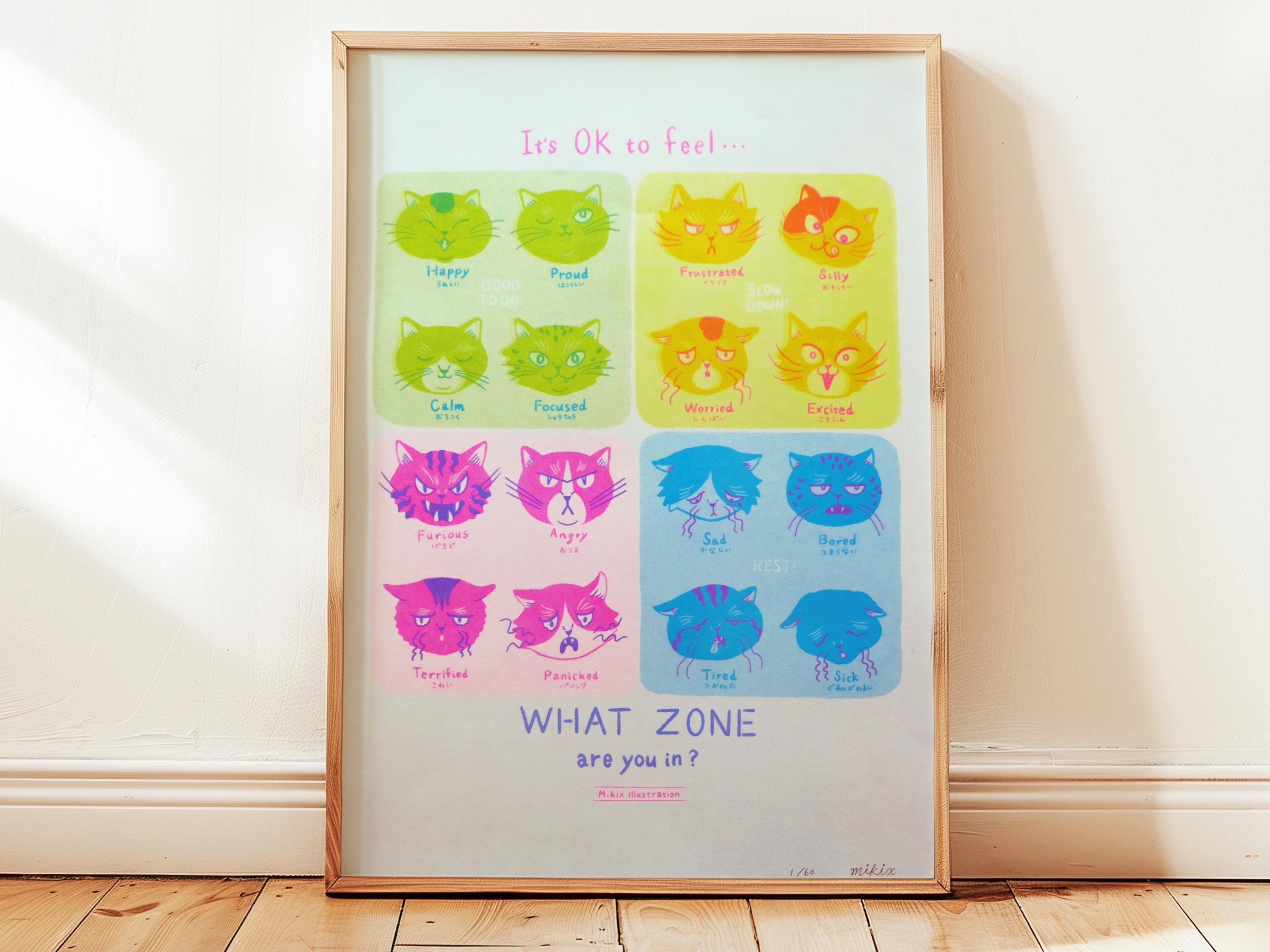 Risograph Zones of Regulation Poster: Cat Emotions Chart, Playroom ...