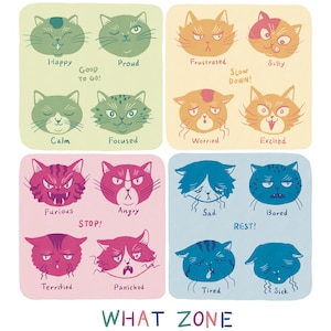 Può includere: Un grafico colorato con illustrazioni di gatti che esprimono diverse emozioni. Il grafico è intitolato "Va bene sentirsi..." e include emozioni come la felicità, l'orgoglio, la frustrazione, la stupidità, la calma, la concentrazione, la preoccupazione, l'eccitazione, la furia, la rabbia, la tristezza, la noia, il terrore, il panico, la stanchezza e la malattia. Il grafico include anche frasi come "Si parte!" e "Lentamente!" e "Stop!" e "Riposati!" Il grafico è intitolato "In quale zona sei?"