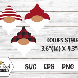 May include: Three gnome-shaped Christmas ornaments in red and white striped, red, and black and red plaid patterns. The ornaments are 3.6 inches wide and 4.3 inches high. LOWES STYLE is written in black text below the ornaments.