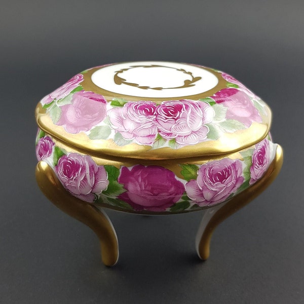 LIMOGES France belle boîte à bijoux avec couvercle en porcelaine peinte à la main or rose