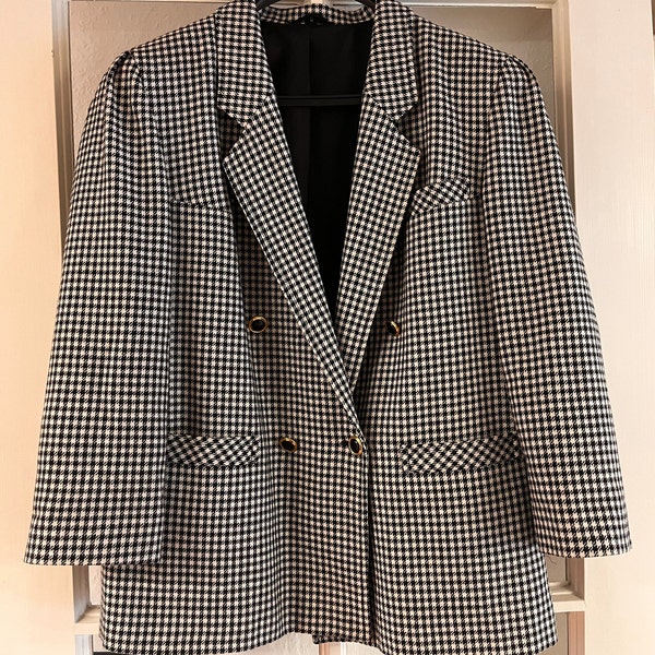 Vintage Women's Blazer black and white checkered houndstooth 80s M/L