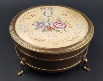 Very old jewelry box with micro embroidery Brass lined with red velvet Lid with hinge