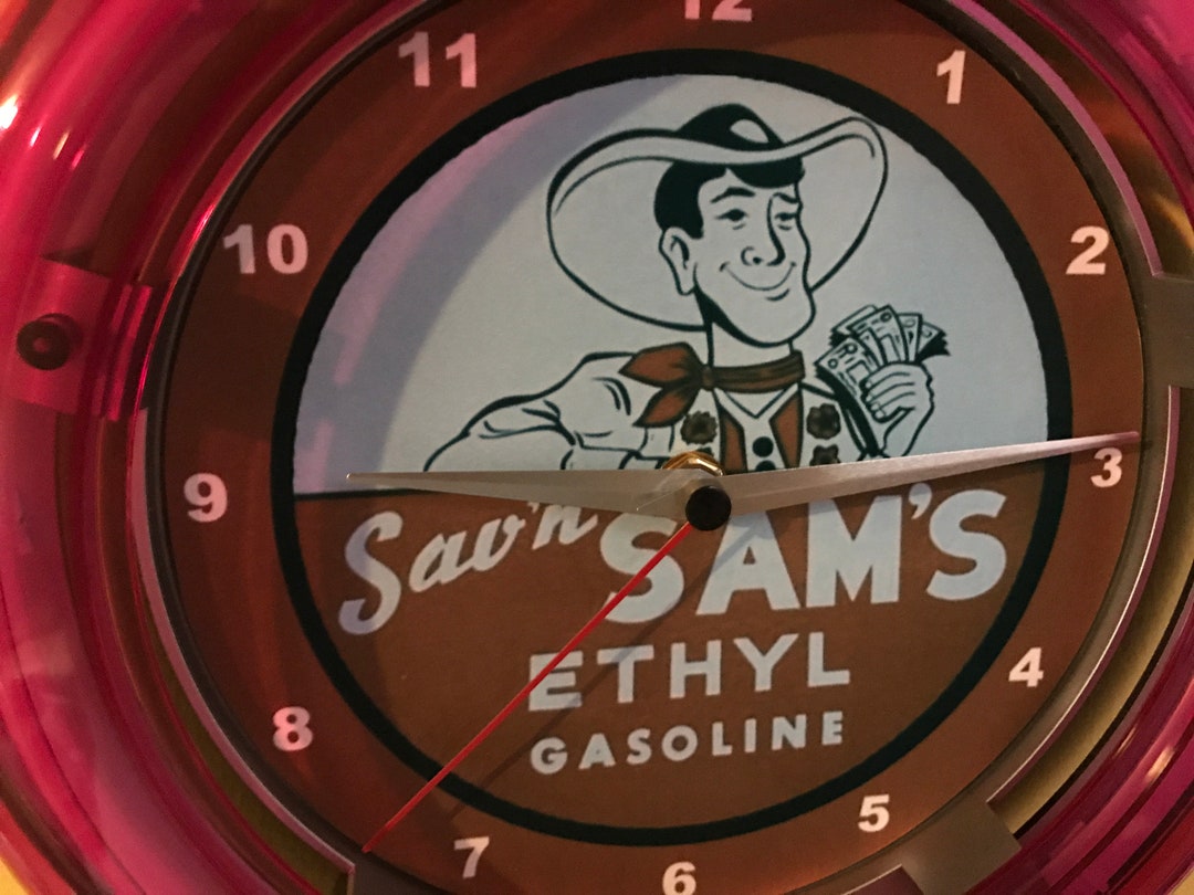 SAV'N SAM OIL Gas Service Station Garage Bar Neon Man Cave Wall Clock ...