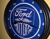 Ford FoMoCo OldLogo Motors Auto Garage Bar Advertising Man Cave Black Clock Sign
