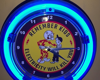 Reddy Kilowatt Electricity Kills Electrician Electric Company Linesman Man Cave Bar Retro Neon Wall Clock Advertising Sign