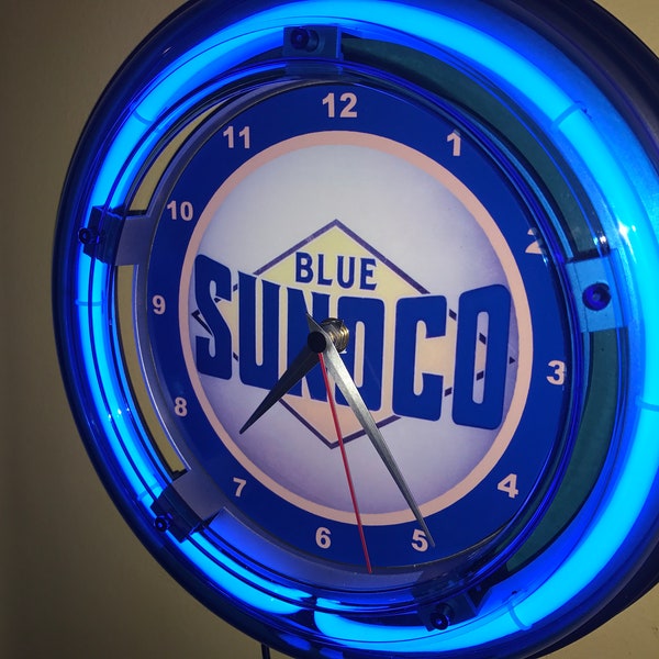 Blue Sunoco Gas Service Station Oil Garage Mechanic Neon Lighted Retro Wall Clock Man Cave Advertising Sign