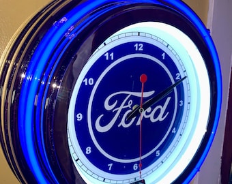 Ford Motors Logo FoMoCo Auto Garage Bar BLUE Neon Wall Clock Advertising Man Cave Sign