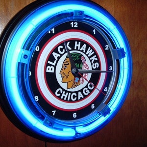 Chicago Black Hawks Throwback Hockey Man Cave Bar Neon Wall Clock Man Cave Sign