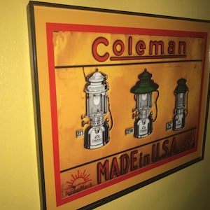 Coleman Camping Lantern OldLogo Garage Bar Framed Advertising Print Man Cave Sign
