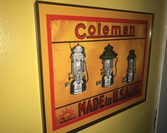 Coleman Camping Lantern OldLogo Garage Bar Framed Advertising Print Man Cave Sign