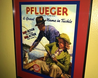 Pflueger Couple Fishing Lure Tackle Bait Shop Bar Framed Advertising Print  Man Cave Sign 