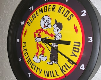 Reddy Kilowatt Electricity Kills Electric Company Electrician Advertising Man Cave Black Clock Sign