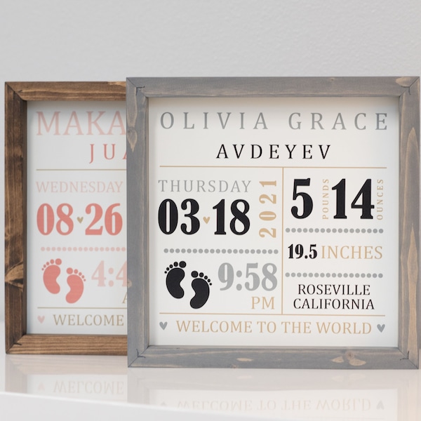 Personalized Birth Announcement Sign: Baby Stats Wood Frame