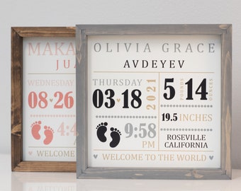 Birth Announcement Sign - Baby Birth Stats - Wood Frame Sign - Personalized - Newborn Baby - SQS65