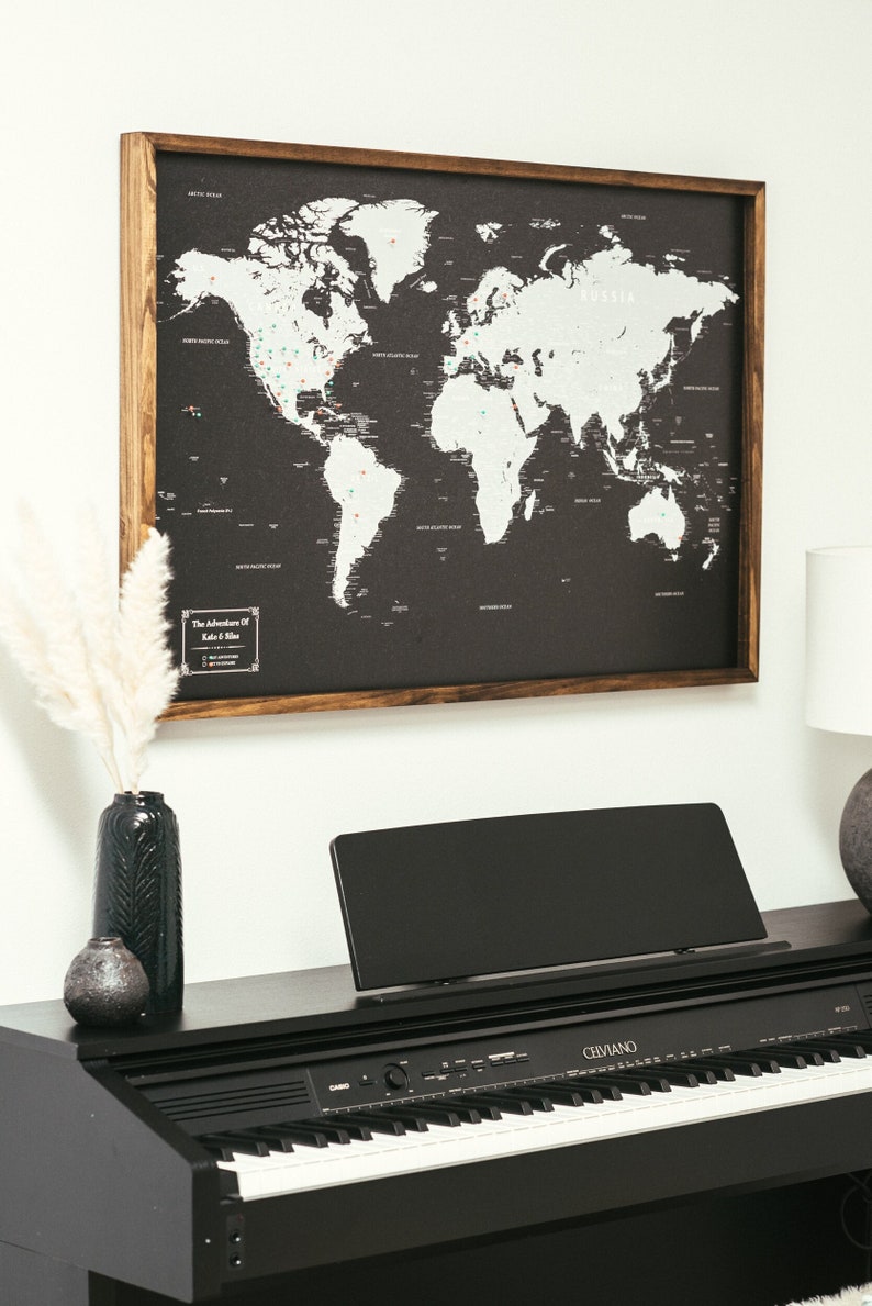 Push Pin World Map Personalized Travel Map Custom Modern Map Print WPM01 Black & Gray Map