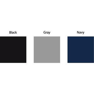 May include: Three solid color swatches: black, gray, and navy blue. The colors are displayed as squares with the color names labeled above each square in black text. The background is white.