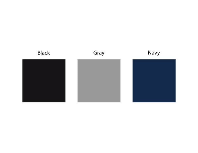 May include: Three solid color swatches: black, gray, and navy blue. The colors are displayed as squares with the color names labeled above each square in black text. The background is white.