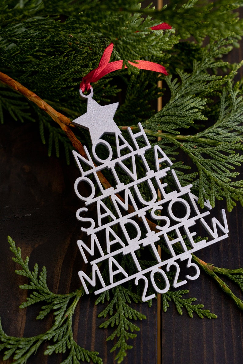 May include: A silver Christmas tree bauble with the names Noah, Olivia, Samuel, Madison, Matthew, and the year 2023.
