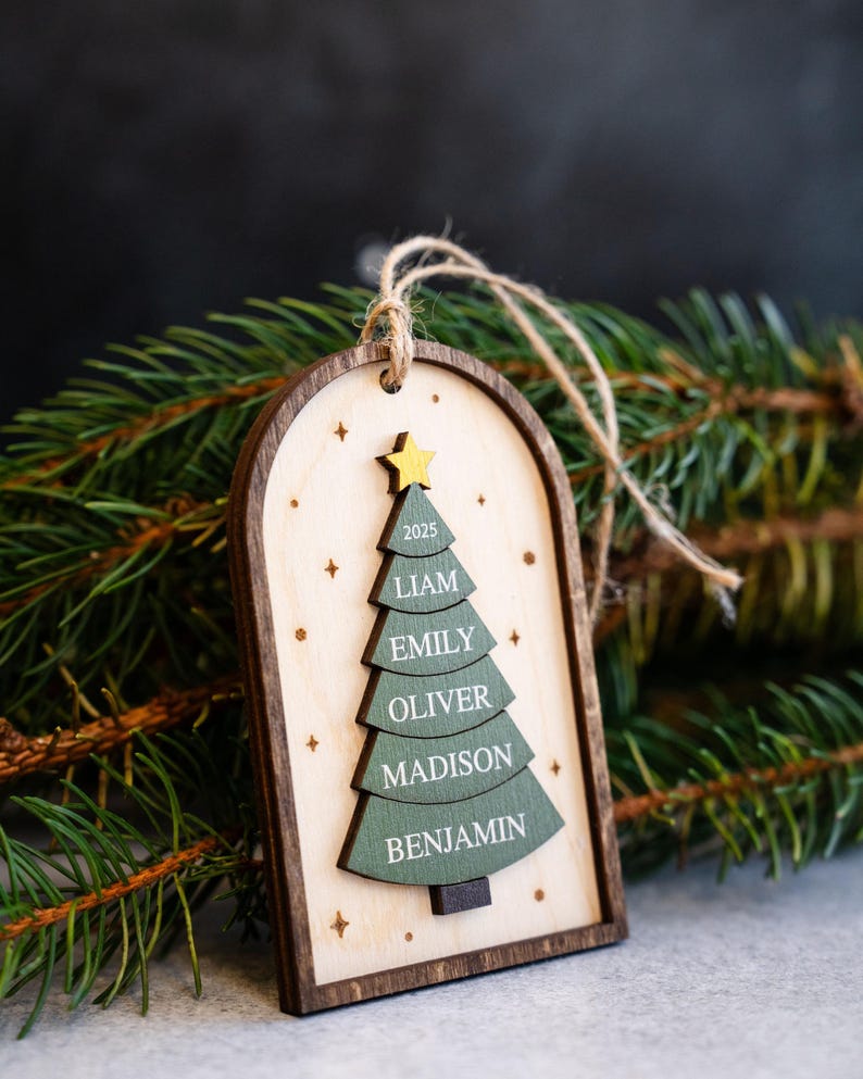 Family Christmas Ornament - 2026 Personalized Ornament With Names - Christmas Tree Ornament 3D Style - Espresso