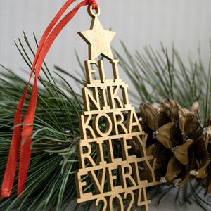 May include: Gold wooden Christmas tree ornament with the names Eli, Niki, Kora, Riley, Everly and the year 2024.