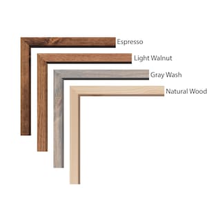 May include: Four wooden picture frame corners in different finishes: Espresso, Light Walnut, Gray Wash, and Natural Wood. The frames are displayed against a white background, showcasing the wood grain and color variations.
