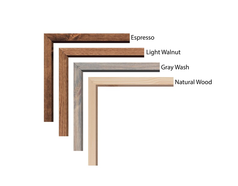 May include: Four wooden picture frame corners in different finishes: Espresso, Light Walnut, Gray Wash, and Natural Wood. The frames are displayed against a white background, showcasing the wood grain and color variations.