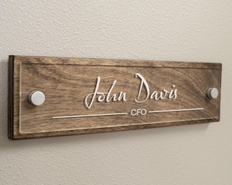 Name Plate For Wall or Door - Acrylic Name Sign For Office - Wood - Personalized