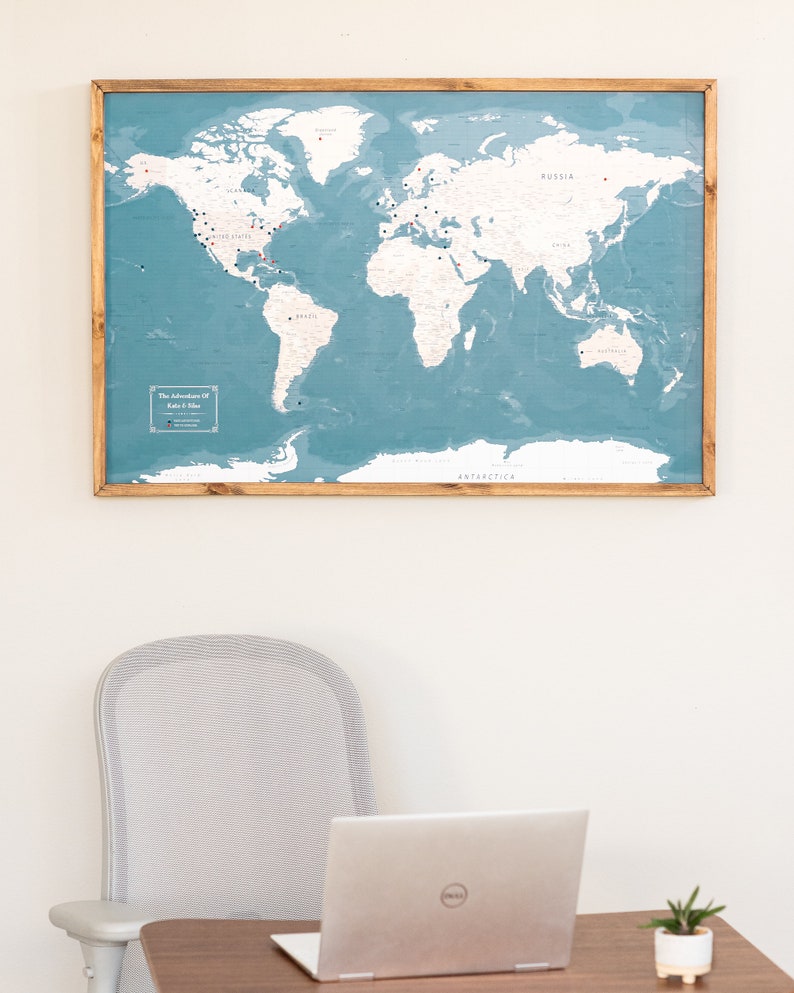 Push Pin World Map Personalized Travel Map Custom Modern Map Print WPM01 Blue Map