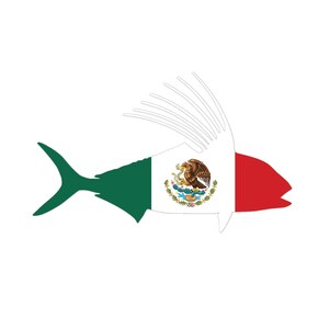 May include: A stylized silhouette of a fish with the Mexican flag on its body. The fish is green, white, and red with a crest in the center.
