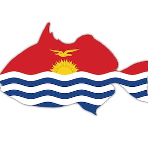 May include: A stylized fish shape featuring the flag of Kiribati. The design incorporates red, white, and blue colors, with a sun and bird emblem. The fish outline is white, and the flag design fills the interior.