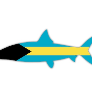 May include: A blue and yellow fish silhouette with a black triangle on the head, representing the flag of the Bahamas.